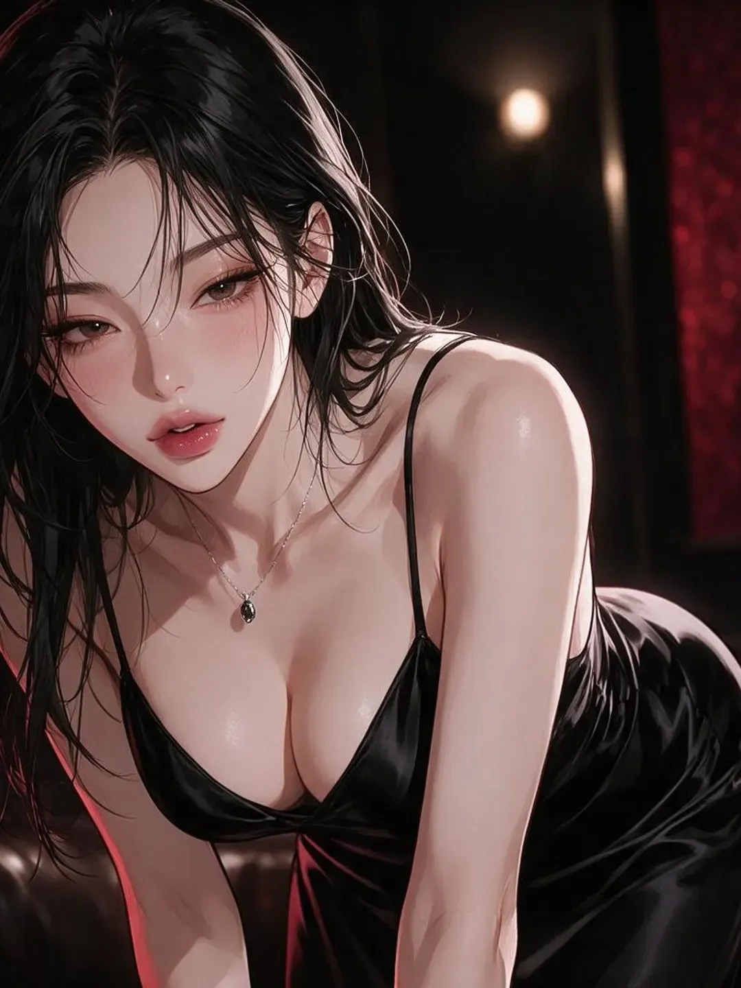 어두운 라운지에서 몸을 기울여 시선을 맞추는 여자