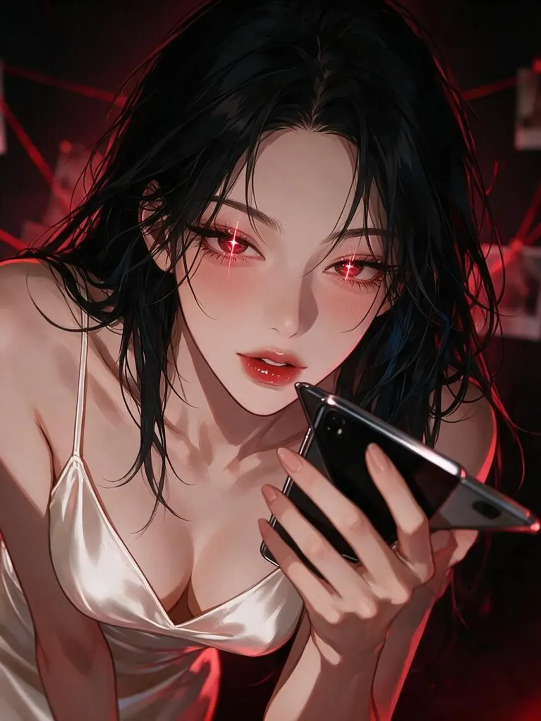 붉은 실이 얽힌 방에서 폰을 쥔 채 그 사람을 생각하는 밤